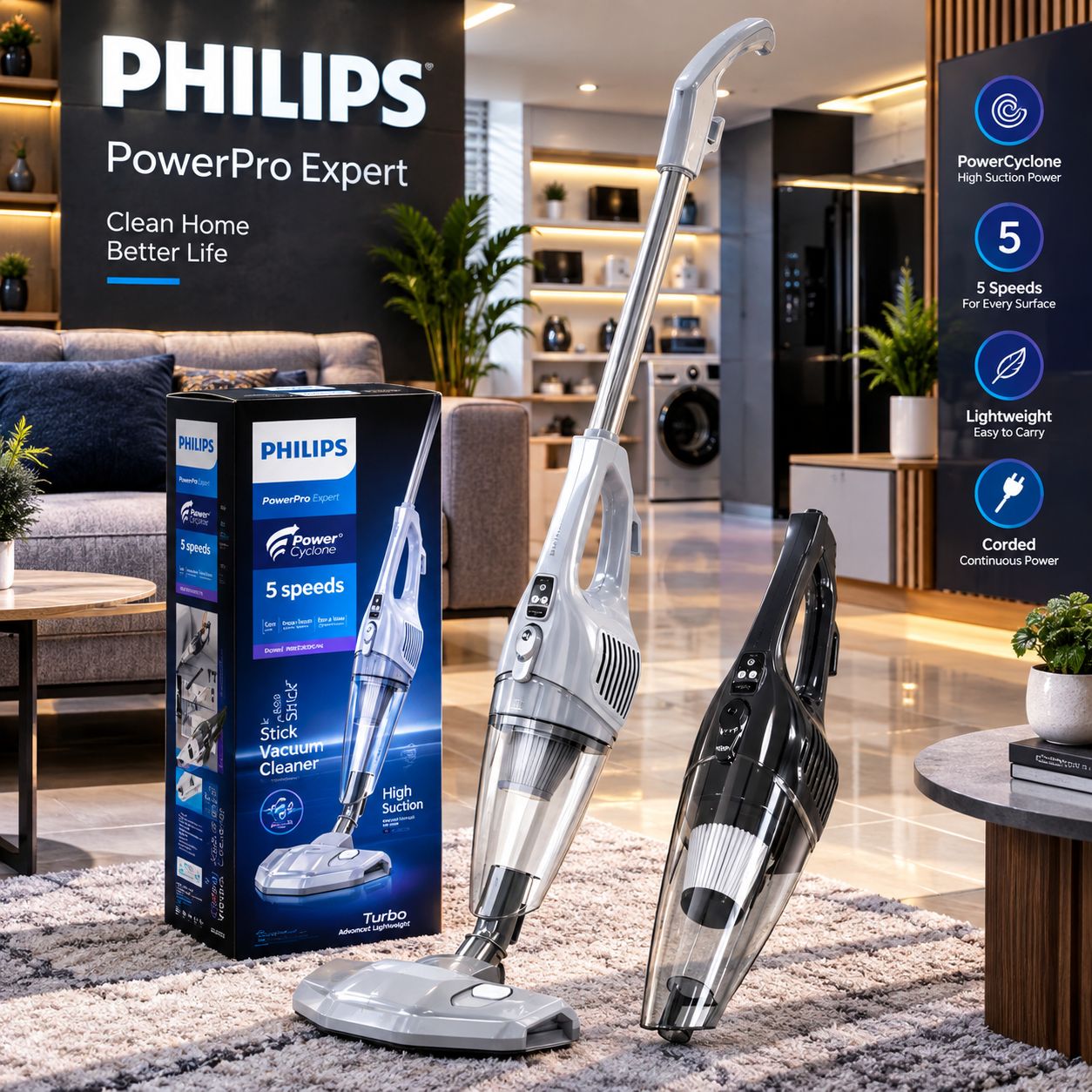 جاروبرقی عصایی فیلیپس PowerPro Expert | موتور قدرتمند | ۵ سرعته | فیلتراسیون دوگانه